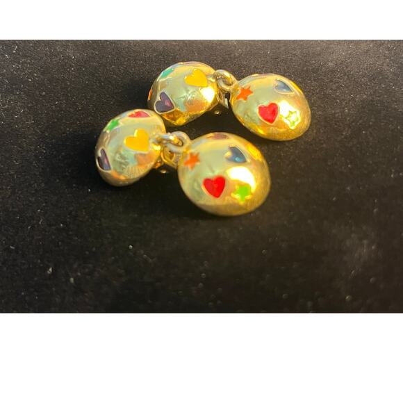VTG Gold Tone Enamel Rainbow Hearts Clip On Earrings 80s Glam Marimekko - Picture 2 of 5